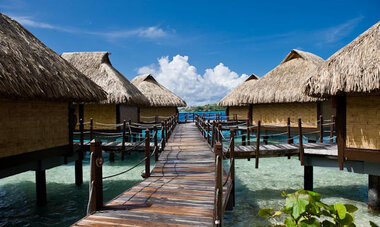Maitai Polynesia Bora Bora pontoon The bungalow-lined pontoon of the Maitai Polynesia Bora Bora resort stretch into the clear waters of the Bora Bora lagoon.