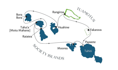 Paul Gauguin; more tuamotus & society islands; route