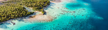 Ahe - sky view of the Island and blue clear water - Stephane Mailion Ahe - sky view of the Island and blue clear water - Stephane Mailion